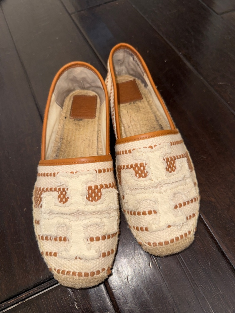Tory Burch Cream & Tan Embroidered Slip-On Flats